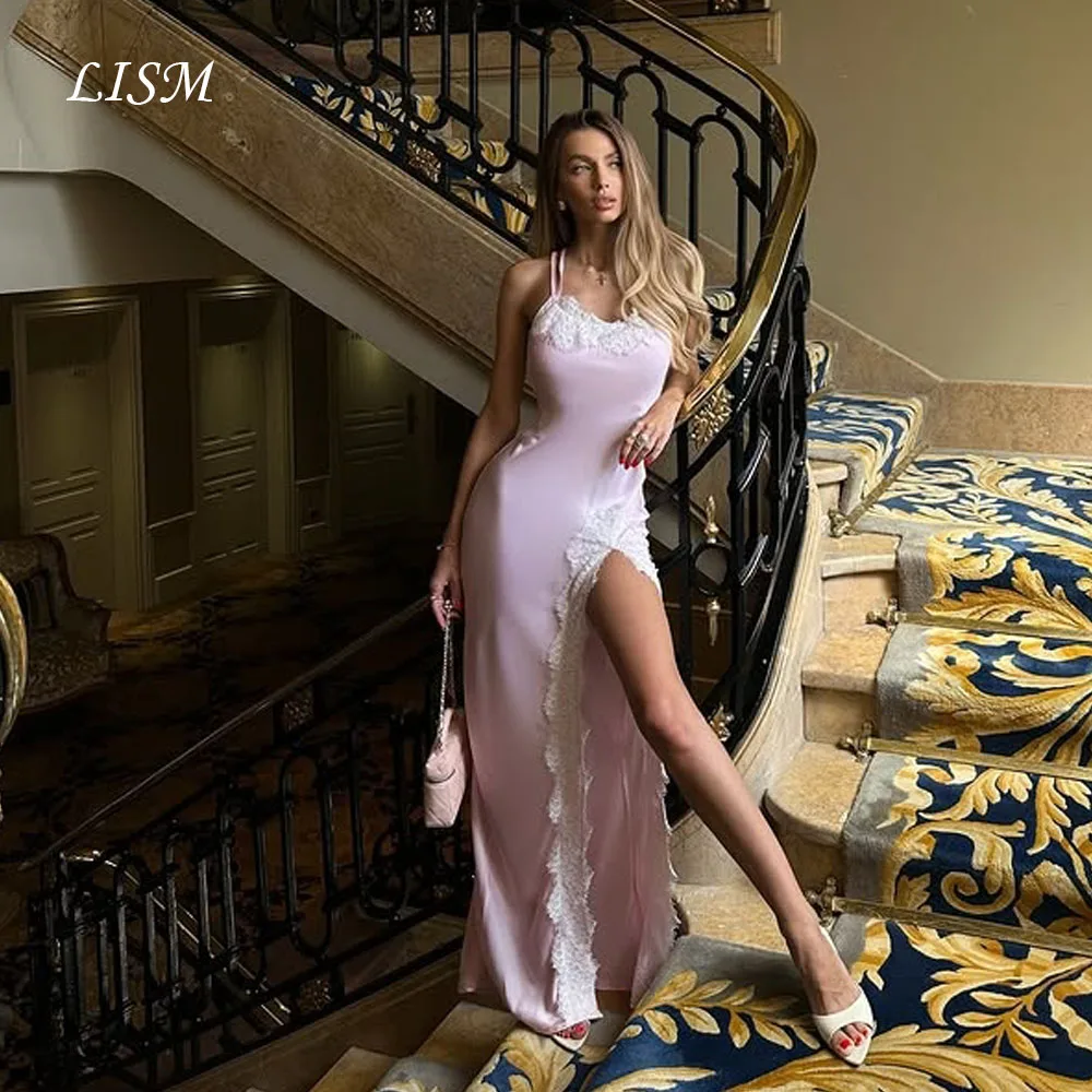 

LISM Pink Evening Dresses A Line Silk Satin Lace Sweet Bridal Gowns Customized Prom Gowns robe de soirée Backless Corsets