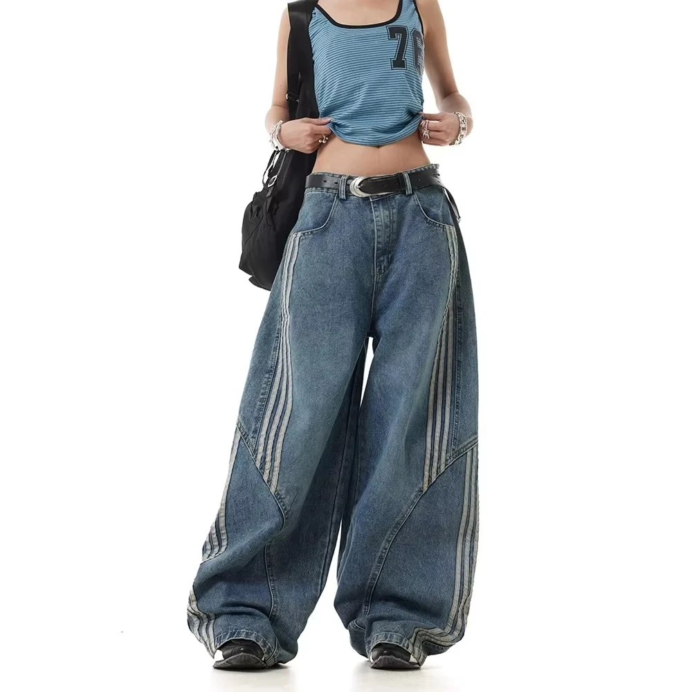 

Американские потертые джинсы в стиле ретро, мужские и женские утягивающие широкие брюки с высокой талией, полосатый дизайн, Sense Knife