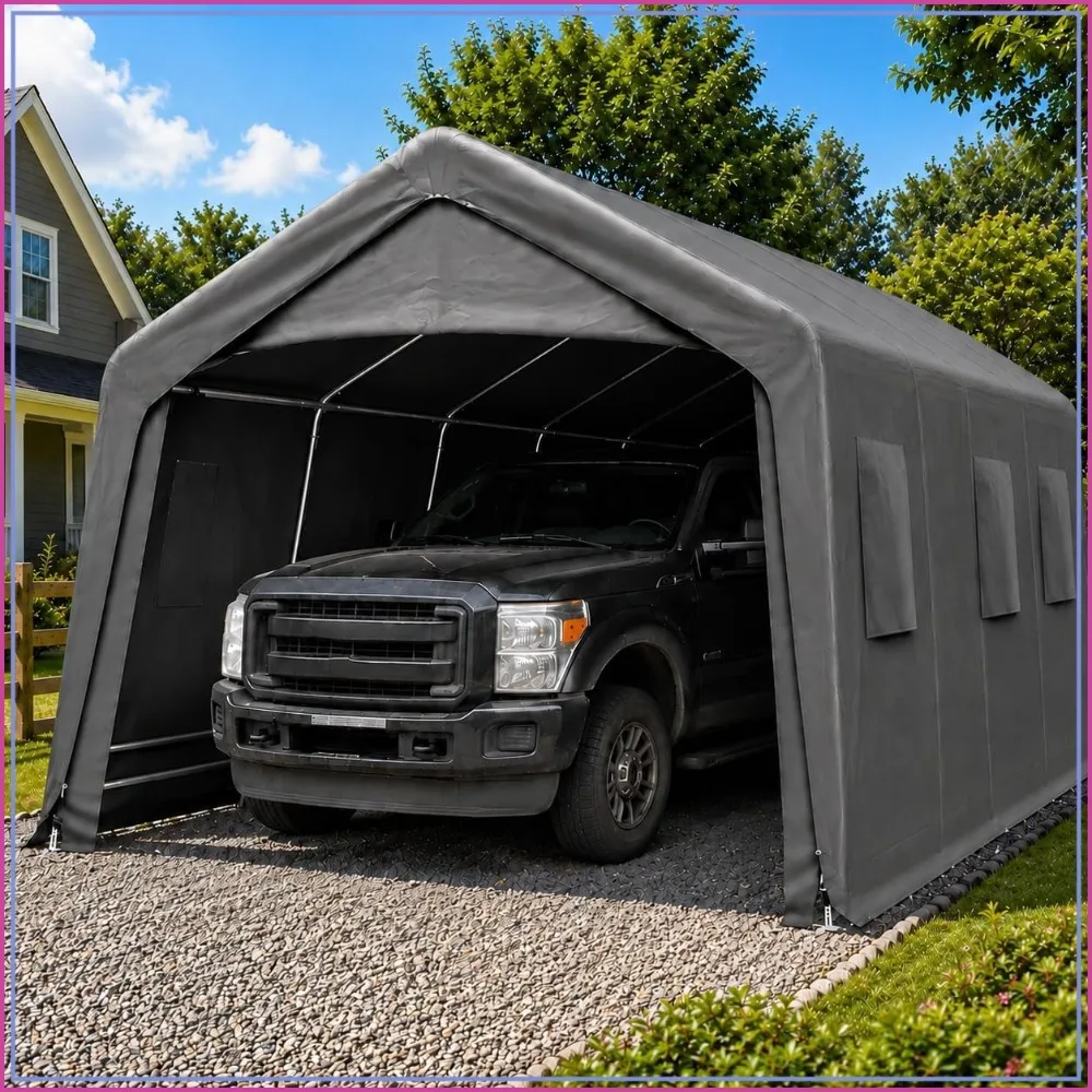 13x20 FT 220G PE Cover, Galvanized Steel Frame Carport Extra Tall, Roll-Up Door, Windows