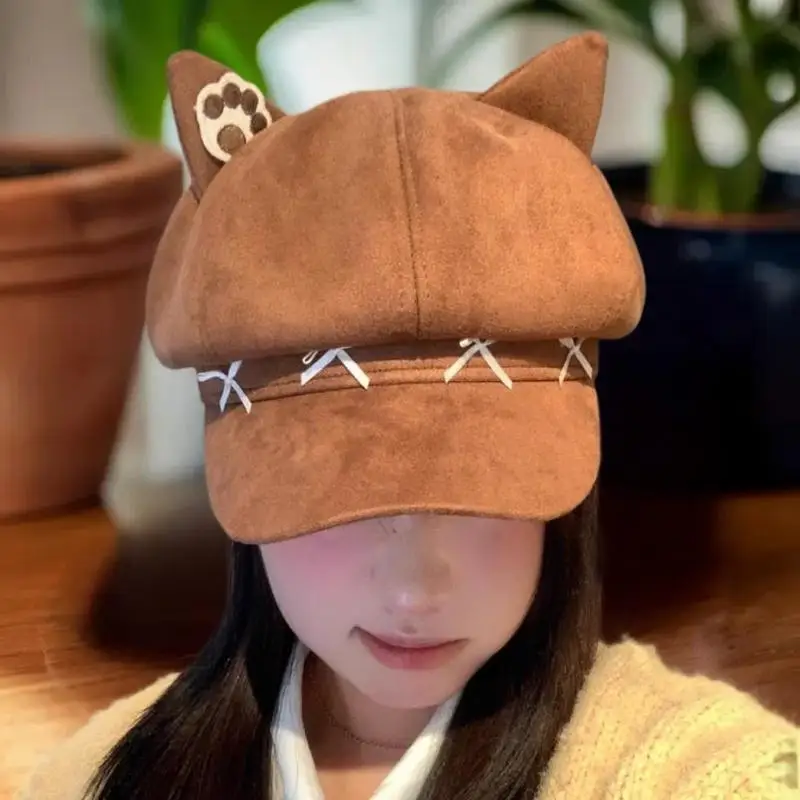 New Sweet Bow Design Cute Cat Ear Berets Cap Spring And Autumn Travel Versatile Painter Hats For Woman