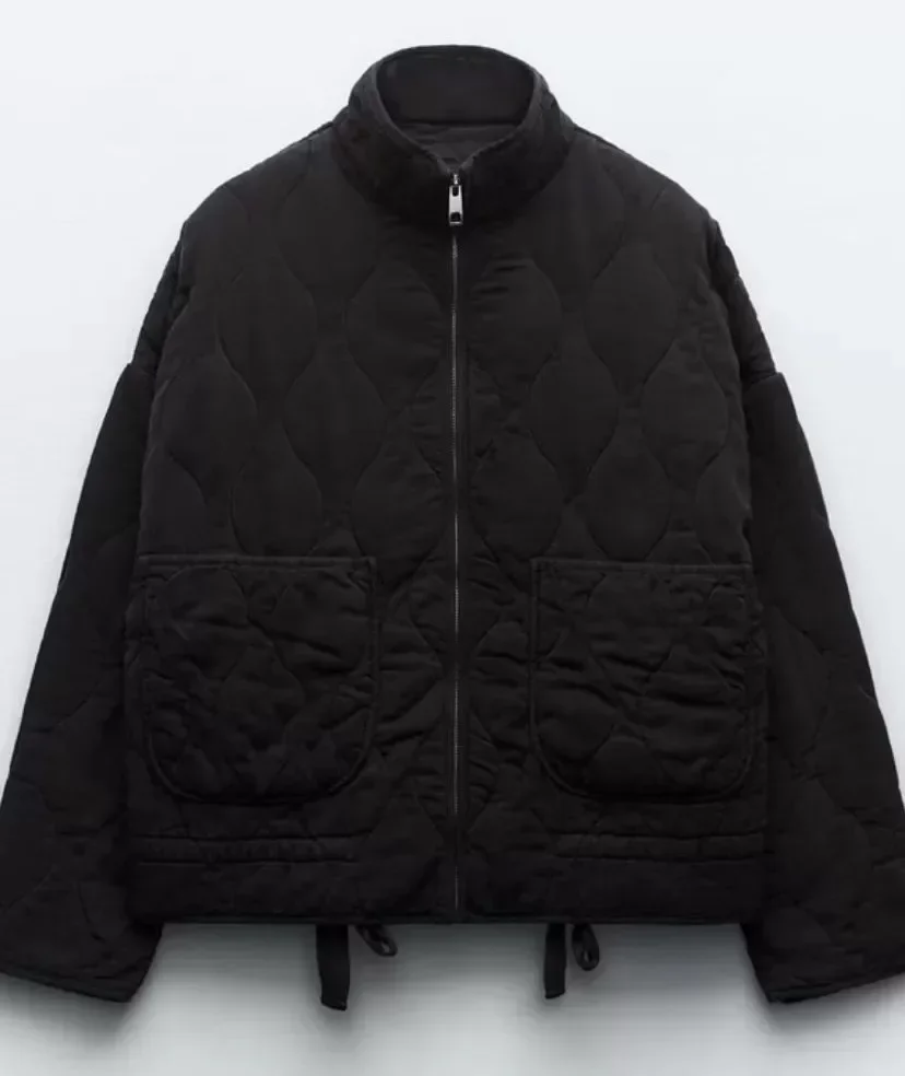Women\'s Cotton Jacket Traf 2024 New Arrival Vintage Lenzing Rayon High Collar Large Pocket Decorative Quilted Coat for Women