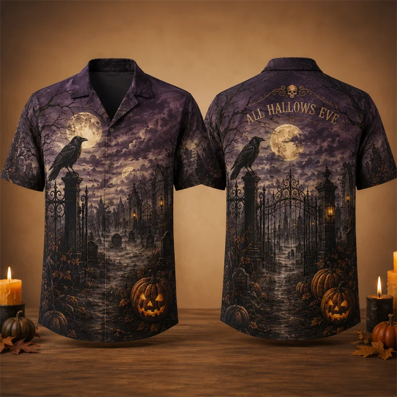 Men's Shirt Halloween Graveyard Crow Pumpkin Print Turn‑down Collar Short Sleeve Vacation Party Casual Streetwear Men Clothes