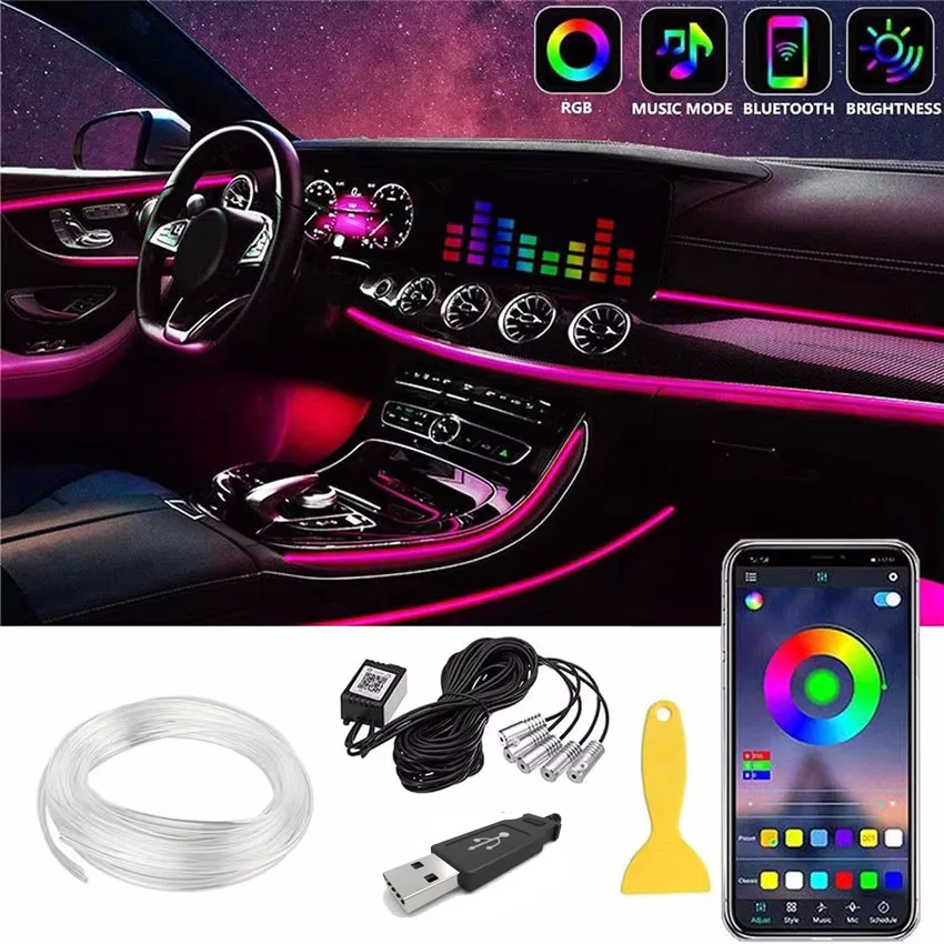 Car Interior Modification No Need To Thread Ambient Light Fiber Optic Cable Cold Light 64 Colors APP Control Atmosphere Light