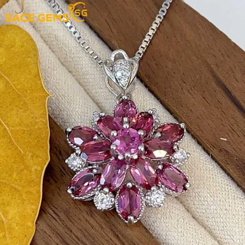 

SACE GEMS S925 Sterling Silver Certified 3*5MM Natual Garnet Pendant Necklaces for Womne Engagement Cocktail Party Fine Jewelry