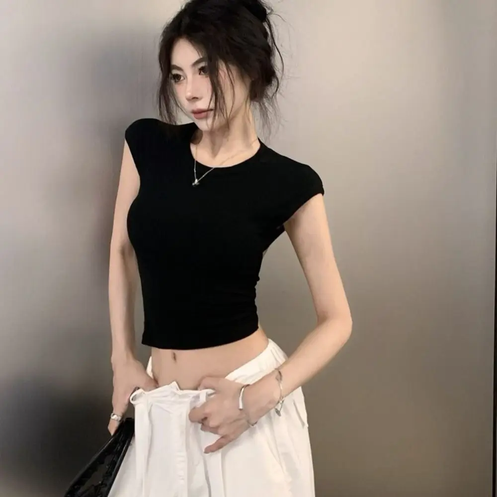 Einfache Chic Backless Schlank Crop Top O Neck Unterhemd Kurzarm Weste Sommer Kreuz Band Solide T Shirts Sommer