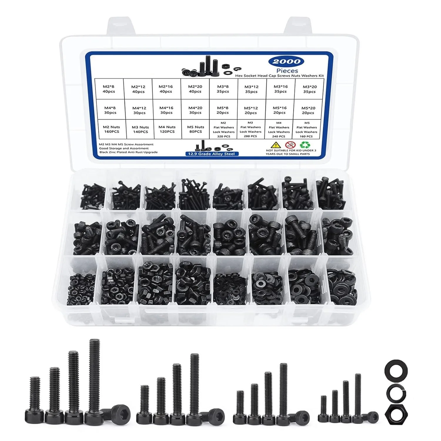 2000PCS Metric Hex Socket Head Bolts M2 M3 M4 M5 12.9 Alloy Steel Screws Nuts Washers Kit