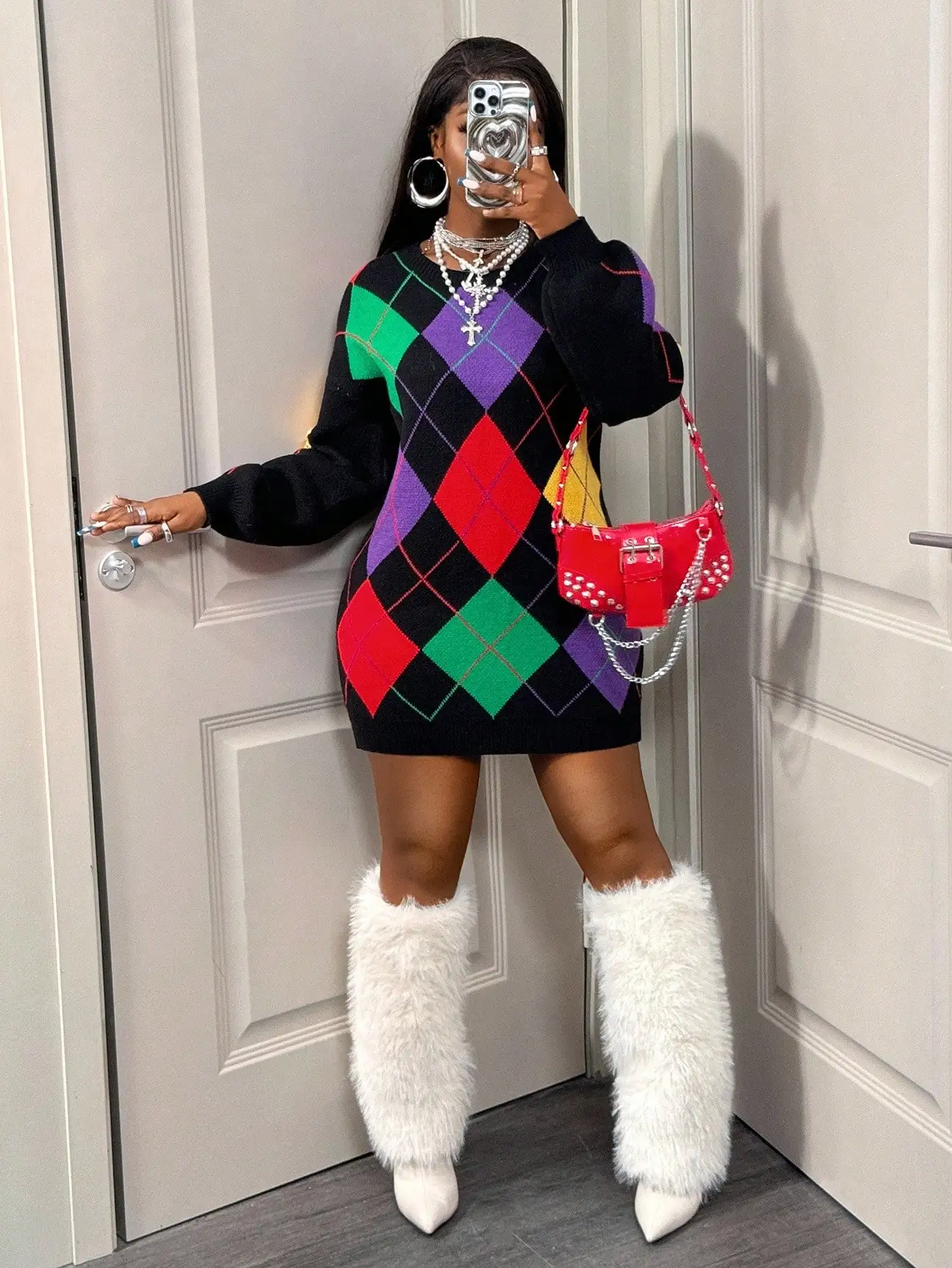 

Rhombus Plaid Short Knitted Sweater Dress, Winter New Arrival, Christmas