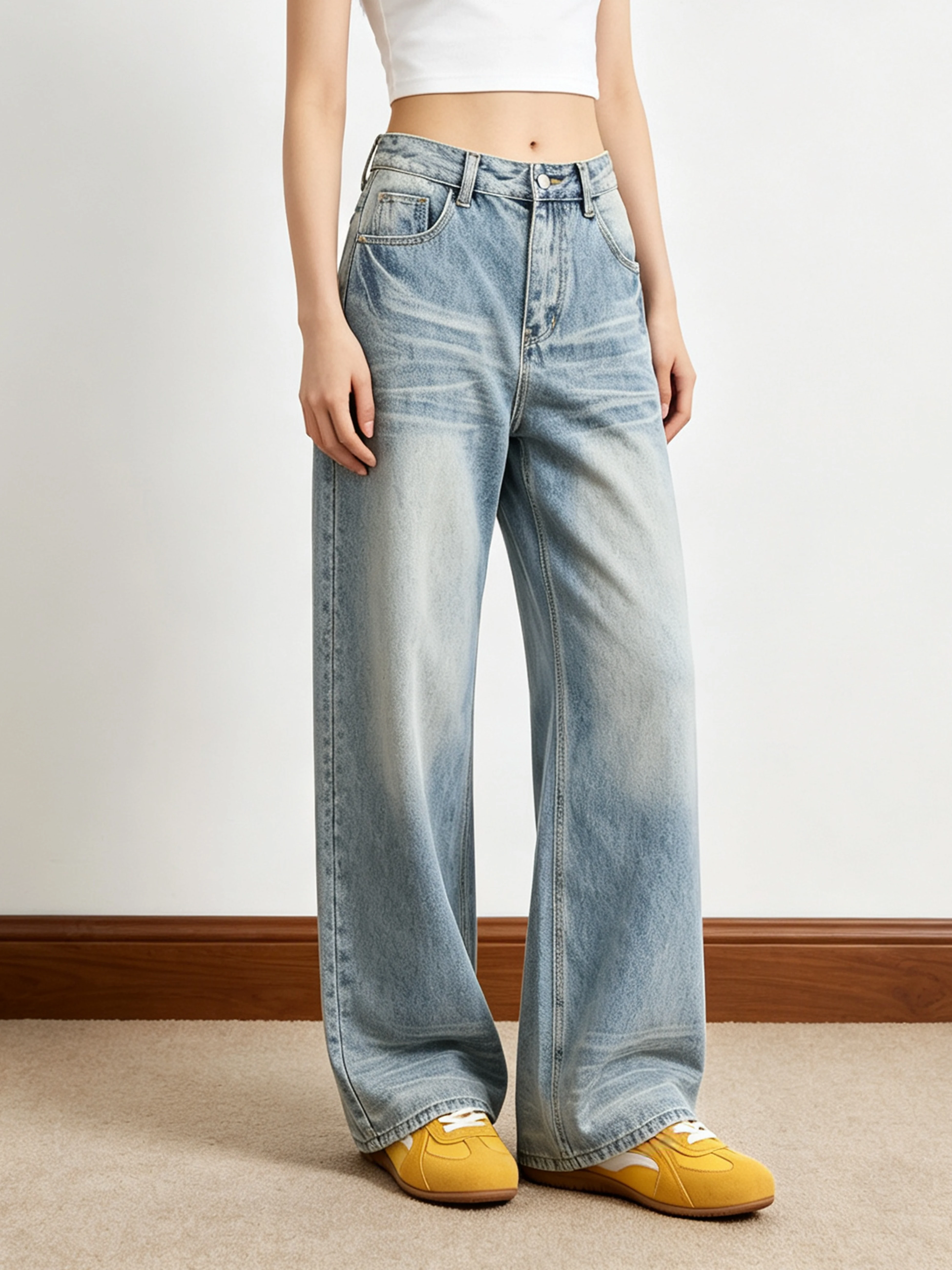 Small Ball American Style Vintage  Dragging Jeans Women Straight Leg Washed High Street Couple Wide Leg Pants