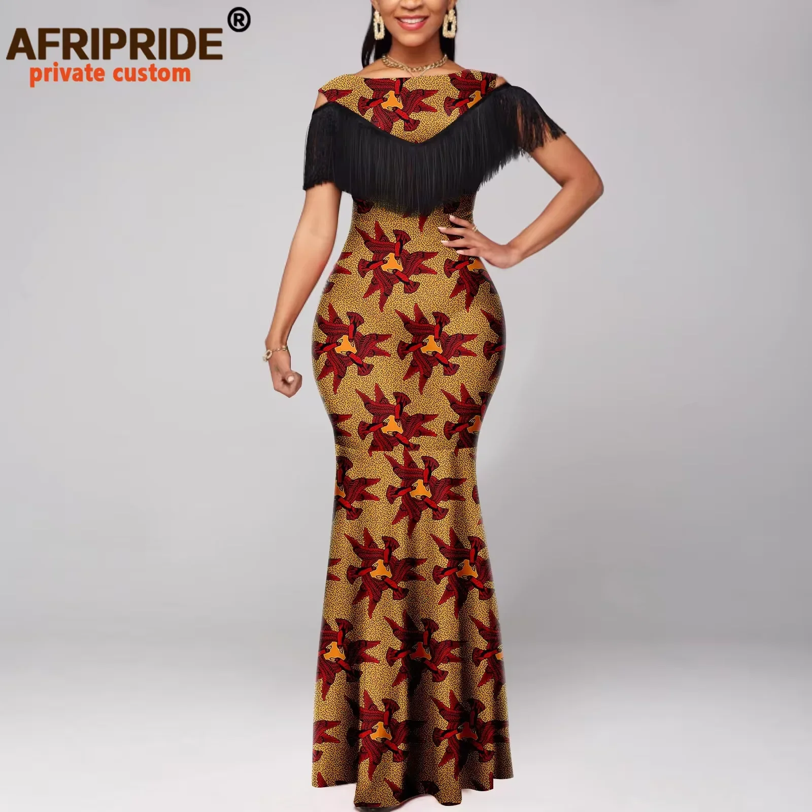 

African Dresses for Women Tassel Short Sleeve Off Shoulder High Waist Ankara Print Attire Party Elegant Maxi Dress A2225038