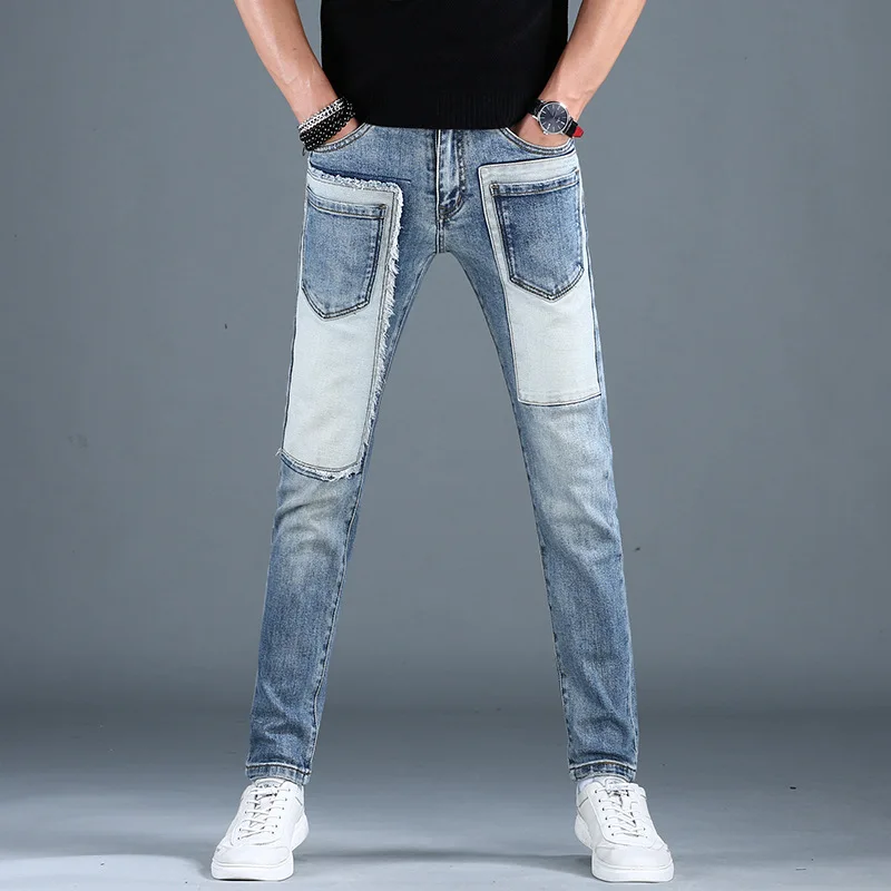 2024New Patchwork Stitching Fashion Jeans Men's Slim Fit Ankle-Tied Trendy High-End Street Locomotive Style Casual Trousers