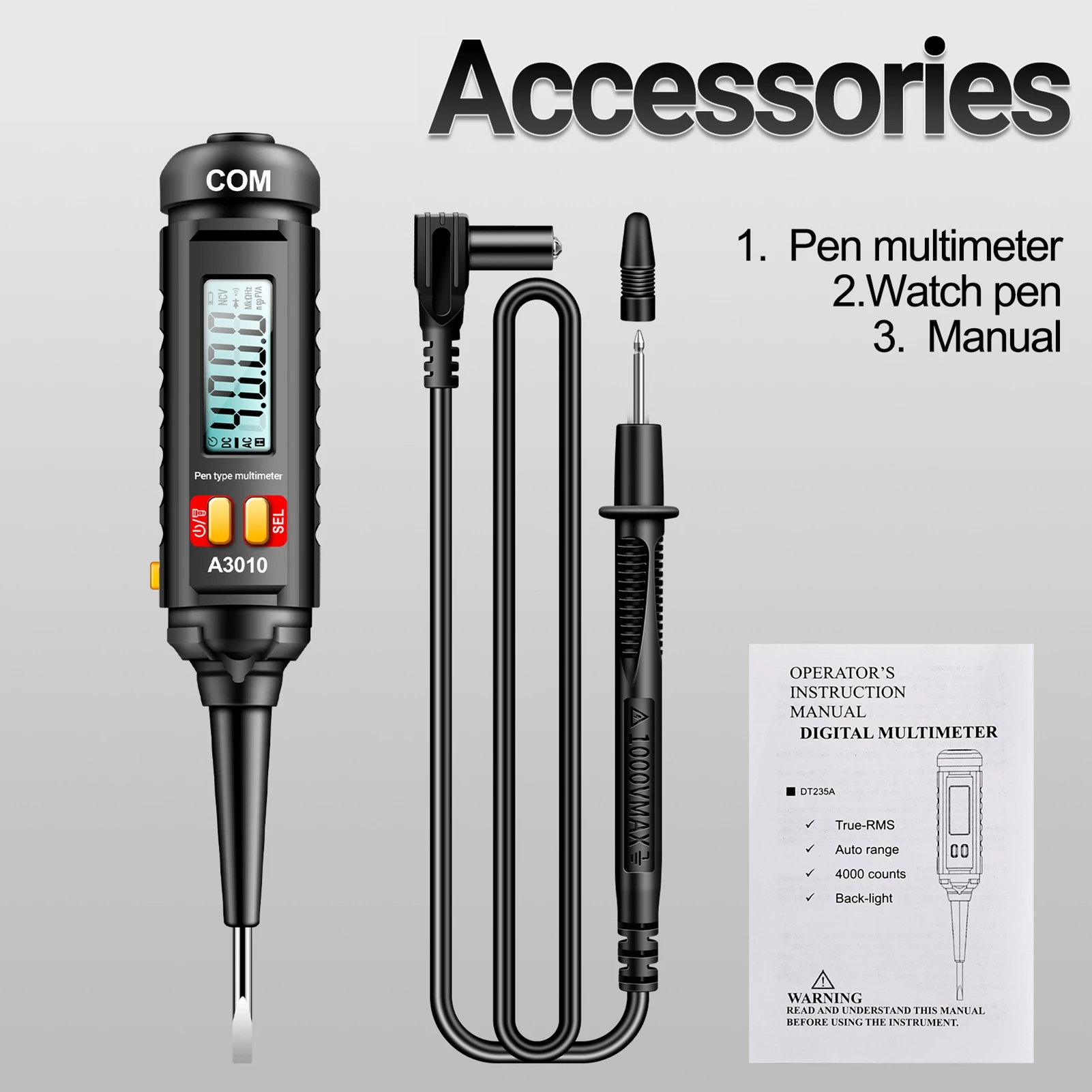 Multímetro Digital Tipo Pluma ANENG A3010 de 4000 Cuentas, True-RMS, con Retroiluminación, Multímetro Digital de Rango Automático, Probador LCD, Herramientas para Electricistas