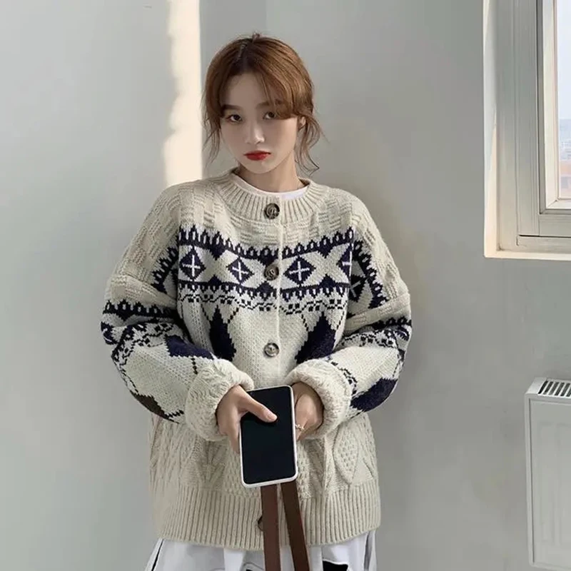 Zoki Korean Patchwork Cardigan Sweaters Women Lazy Wind Vintage Argyle Long Sleeve Knitted Coat Casual O Neck Female Print Tops