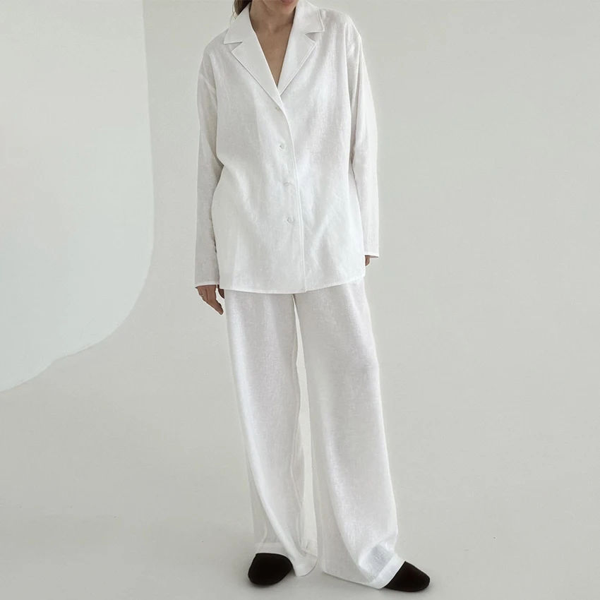 

Linad White Office High Waist Long Pants Suits With Button Up Shirts 2 Piece Sets Women Summer Casual Cotton Linen Outfits 2025