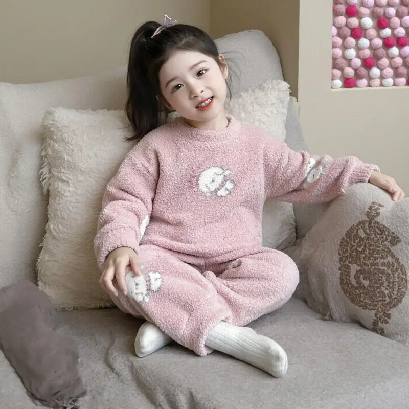 

Kawaii Girl, сохраняющие тепло, пижамы с круглым вырезом, пижамные штаны, комплект из 2 предметов, студенческая зимняя повседневная утепленная домашняя одежда, детская одежда, новинка