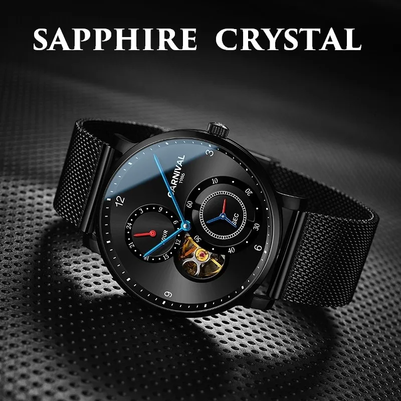 Carnival Iw Steel Mechanical For Mens Watch Sport Automatic Skeleton Male New Wristwatch Clock Waterproof Sapphire Reloj Hombre