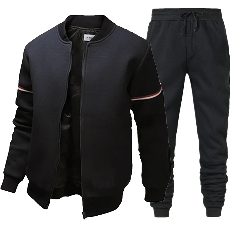 Mens Jacket Fashion Casual Bomber +Sweatpants 2 Piece Set Solid Color Slim Stand Collar Coats Tracksuit Plus Size S-4XL