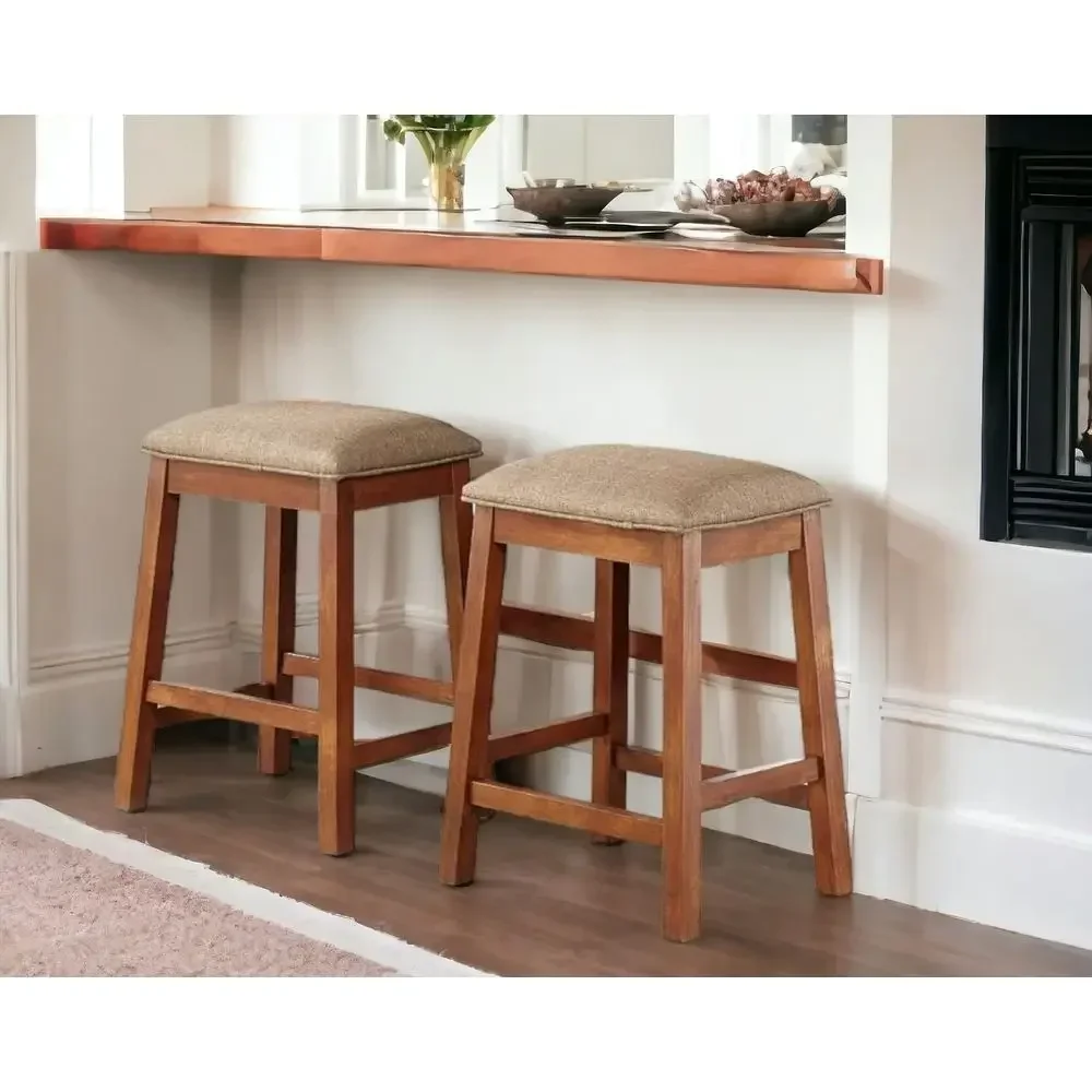 Set of 2 24-Inch Brown Upholstered Counter Height Bar Stools for Kitchen