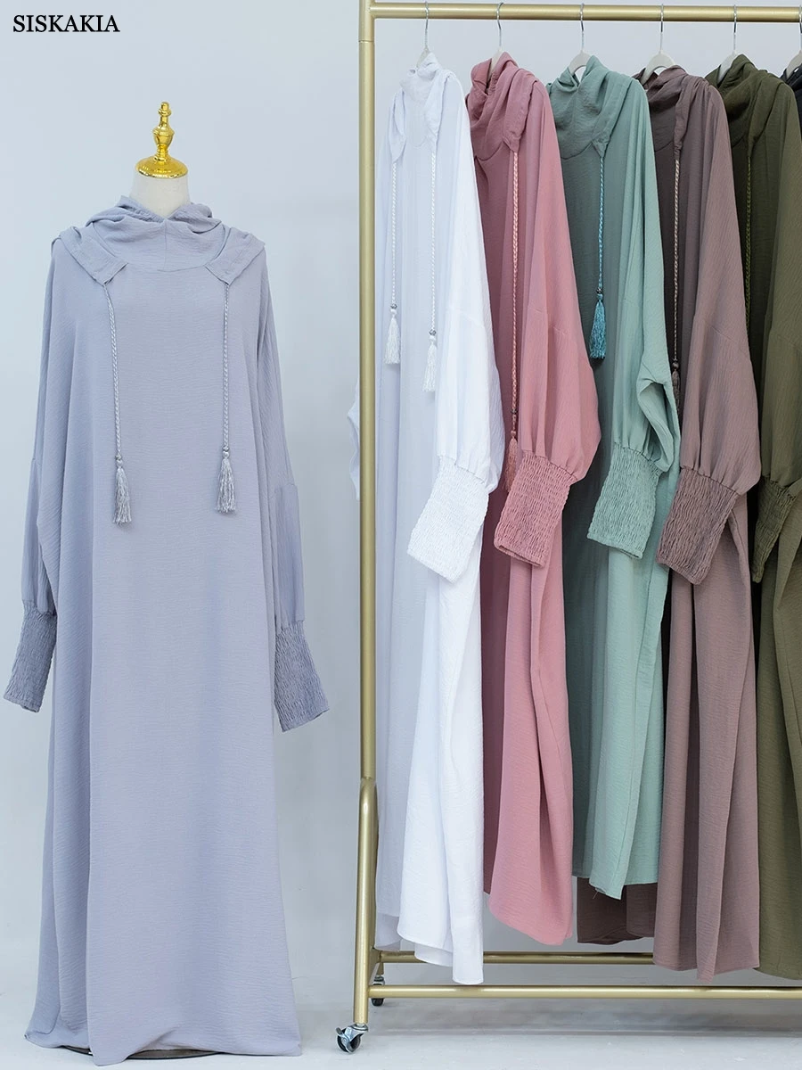 Fashion Solid Abayas With Two Hats And Draw String Bundled Sleeve Muslim Women Long Dress Prayer Clothes Dubai Ramadan Kaftan