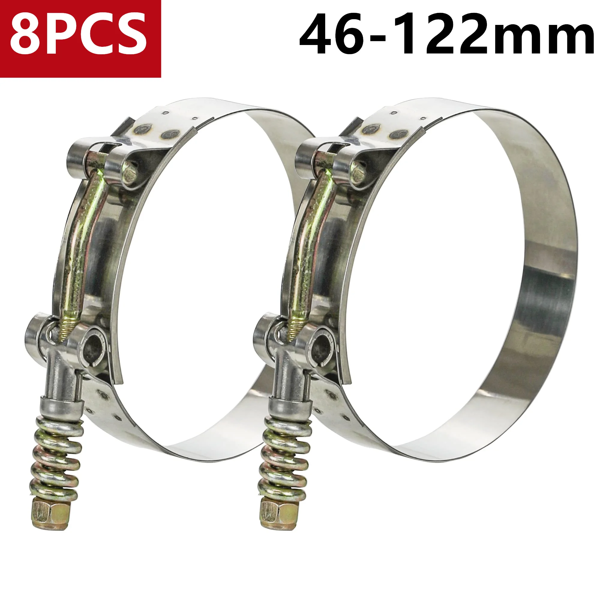 8PCS T-Bolt Hose Clamps 46-122mm Stainless Steel Hose Clamp with Reinforcement Spring for Pipe, Turbo Intake Intercooler Clamp