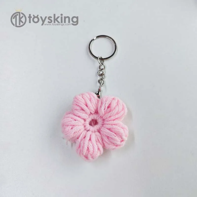Hand Crochet Pink Flower Plush Keychain With Metal Ring Floral Bag Charm Backpack Pendant For Girls