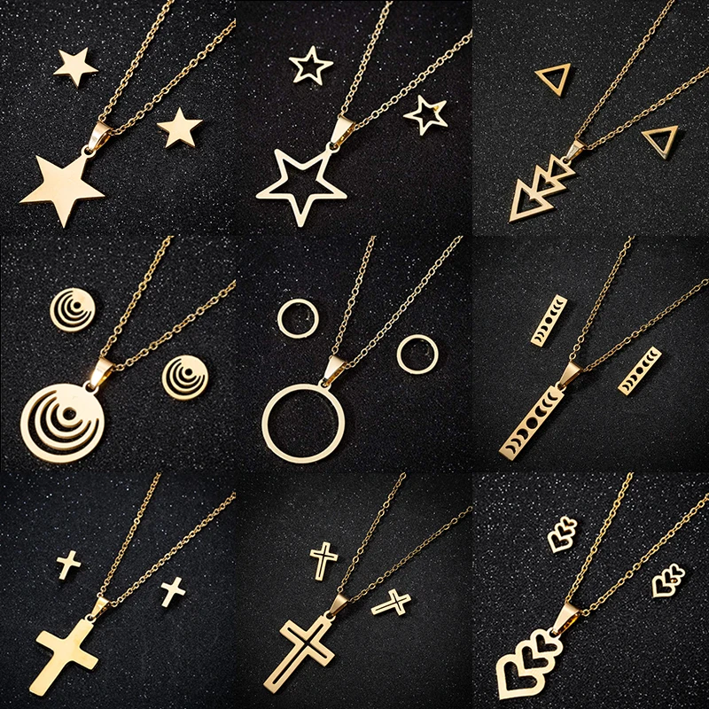 Classic Stainless Steel Star Cross Charm Necklace Women Geometric Jewelry Set Girls Fashion Daily Earring Accessories Wholesale