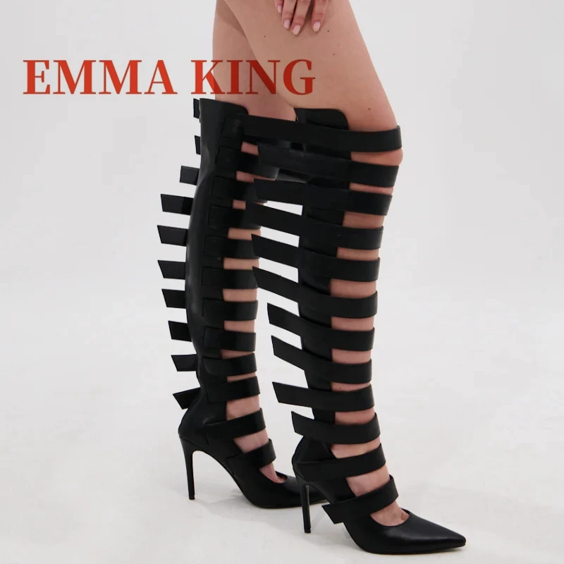 

Черные высокие сапоги до бедра на липучке Сапоги с открытым носком Сапоги с острым носком на тонком высоком каблуке Длинные сапоги Fashion Party 2025 Zapatos Para Mujere