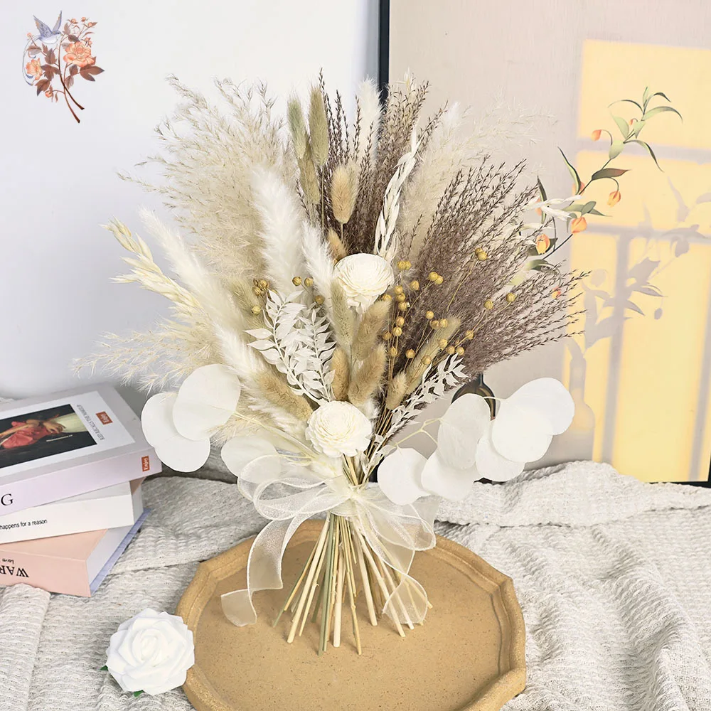 55Pcs Nordic Boho Home Dried Flowers Decor White Pampas Grass Wedding Bridal Mariage Bouquets DIY Floral Arrangement Couple Gift