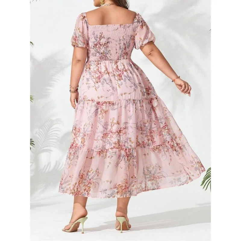 Minivestido de talla grande con estampado de volantes y mangas aleteadas para mujer, vestido informal con cuello cuadrado para vacaciones en la playa y vacaciones