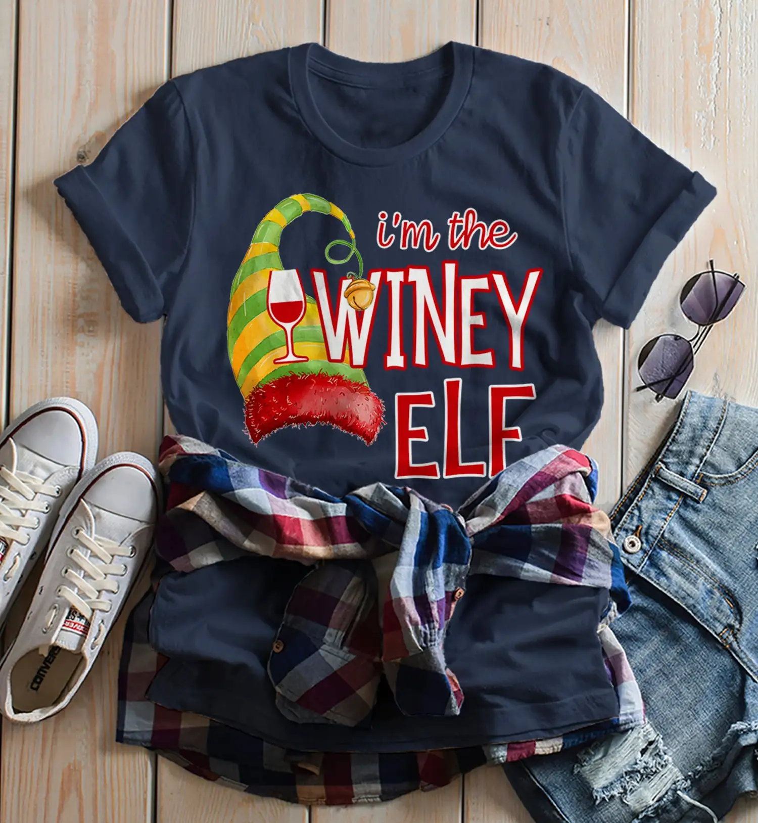 Women's Funny Elf T Shirt Winey Wine Matching Christmas