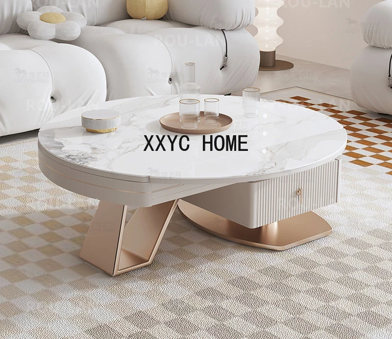 

Light Luxury Rock Slate Coffee Table Modern Simple Round Telescopic Living Room Household Small Cream Wind Coffee Table