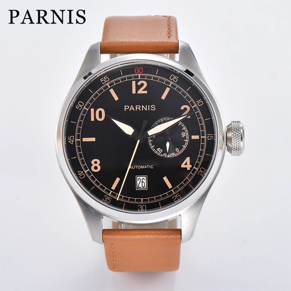 Parnis 48mm Black Dial Brown Leather Strap Wrist Watches for Men Stainless Steel Case