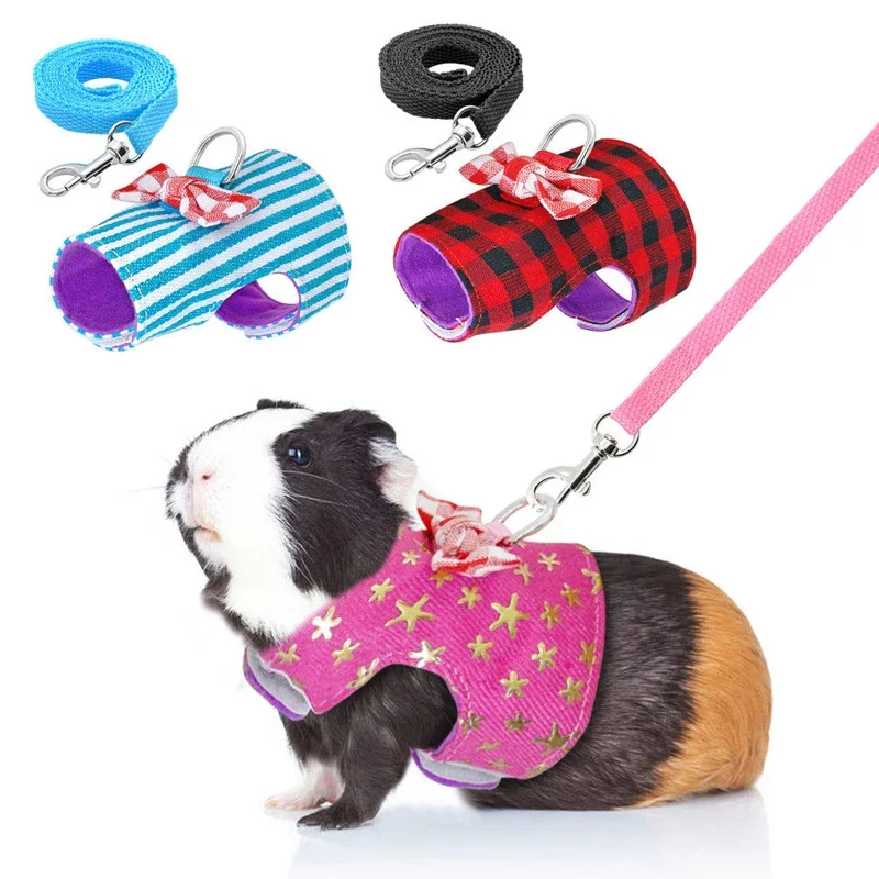 Small Pet Rabbit Hamster Bowtie Striped Star Harness Vest Leash Traction Rope for Baby Ferrets Pet Rats Bowknot Chest Strap