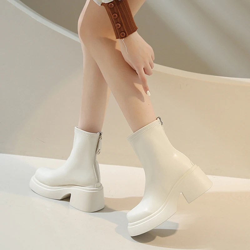White Women Boots Spring Autumn Fashion Women\'s Shoes 6cm Chunky High Heels Round Toe Short Botines Thick Bottom Ankle Boots