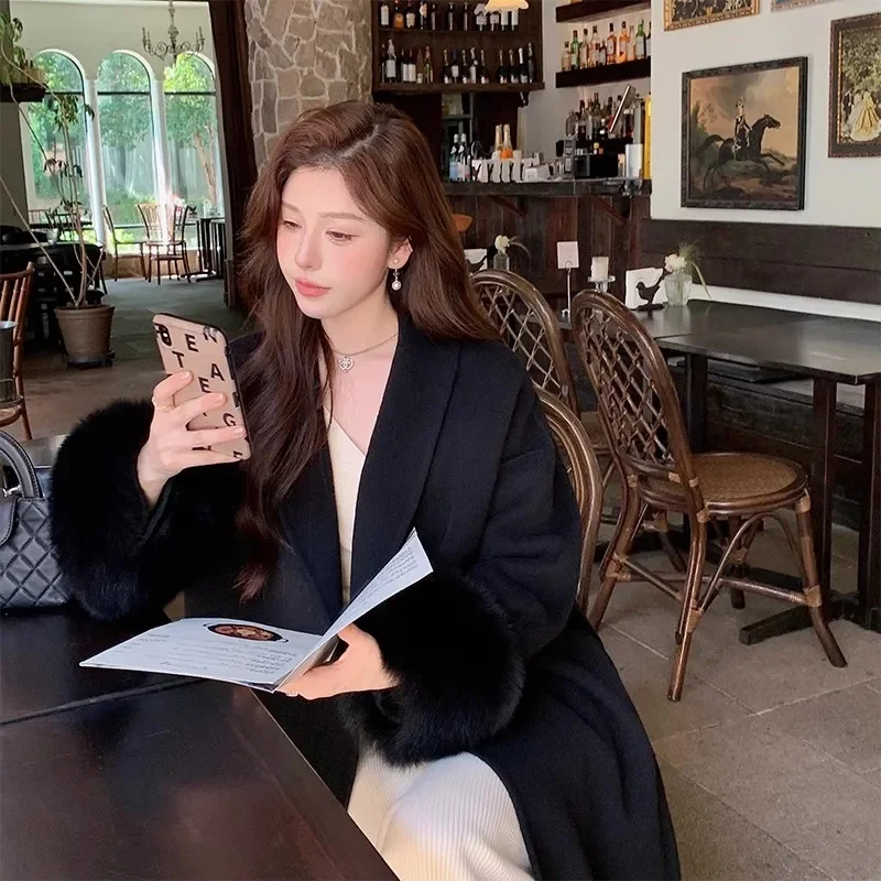 Nieuwe Natuurlijke Vossenbont Dikke Dubbelzijdige Wollen Jas Vrouwelijke Korte Herfst Winter Losse Lace-up Wollen Jassen Damesmode Overjassen