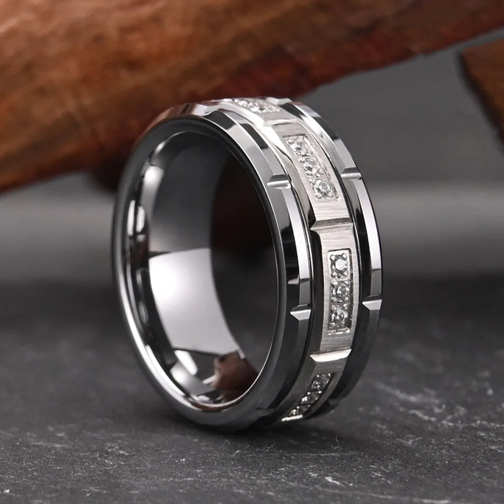 Tungsten Steel Combination Ring Inlaid With Zircon, Fashionable City Wall Unisex Casual Rings