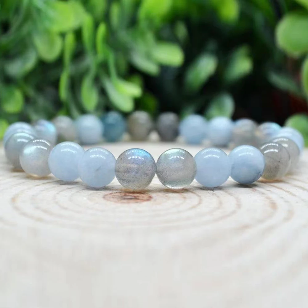 MG1978 8 MM Aquamarine Labradorite Bracelet Womens Mens EMF Energy Protection Jewelry