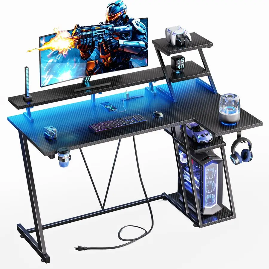 

39 Inch Gaming Desk with LED Lights Power Outlet, Small Gaming Computer Desk with Storage Shelves, L Shaped Gamer Workstations