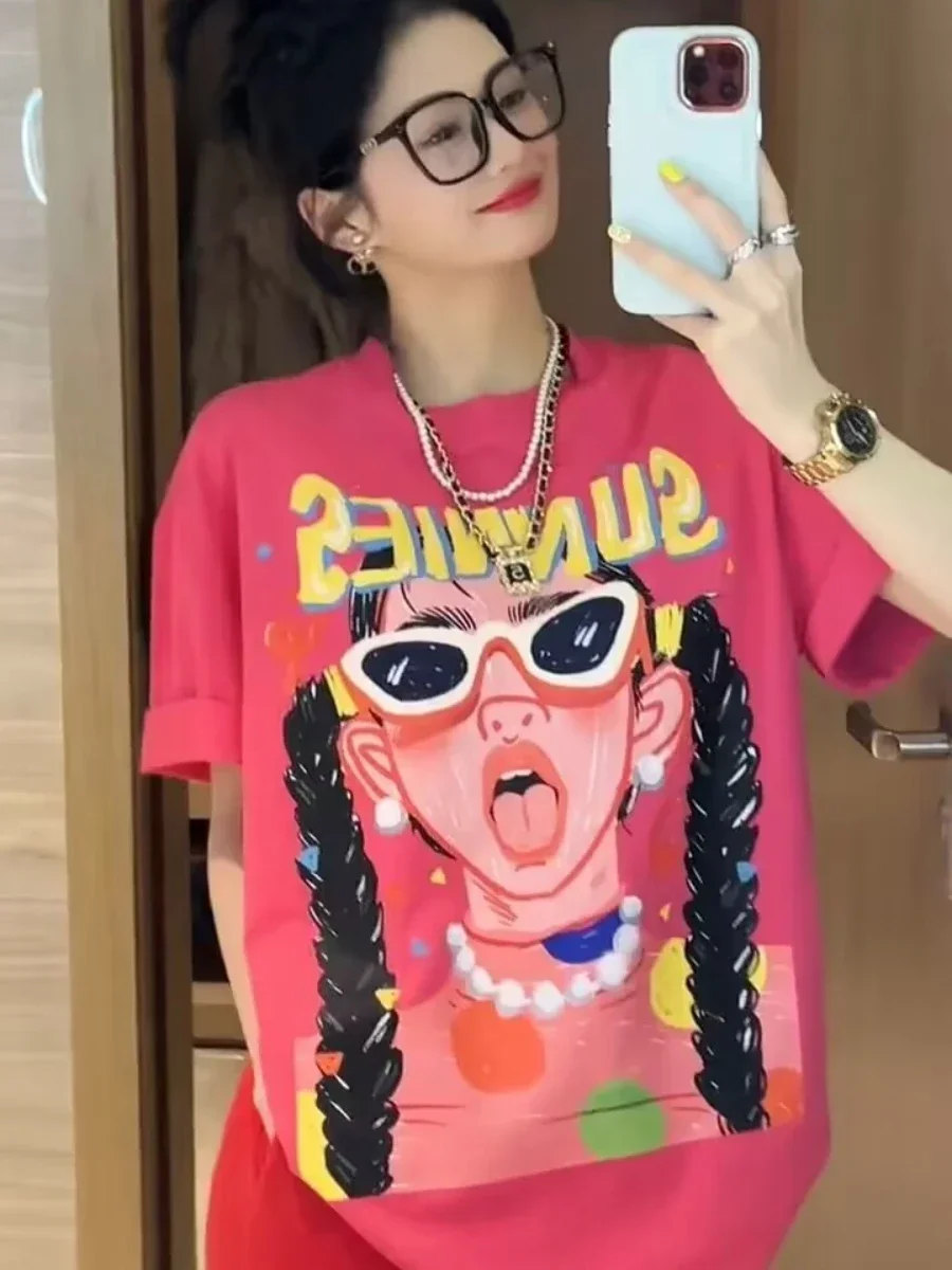 

2025 The New Plus-size Women T-shirt with Round Neck Hip-hop Girls Printed Western-style Long Tops Oversized T Shirt