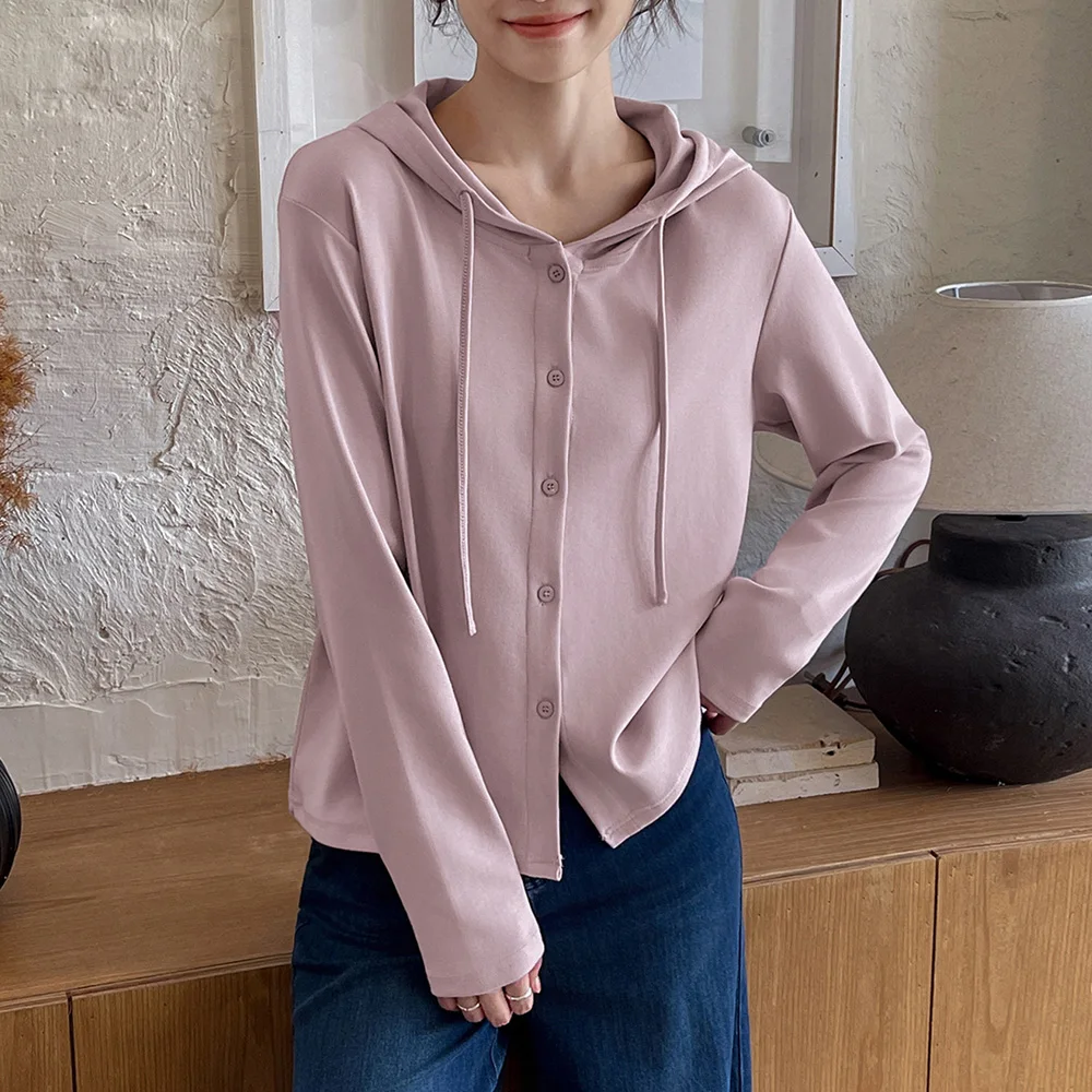 

Розовая футболка с капюшоном и длинными рукавами в европейском стиле, женская куртка-кардиган, свободная толстовка на весну и осень, повседневный топ