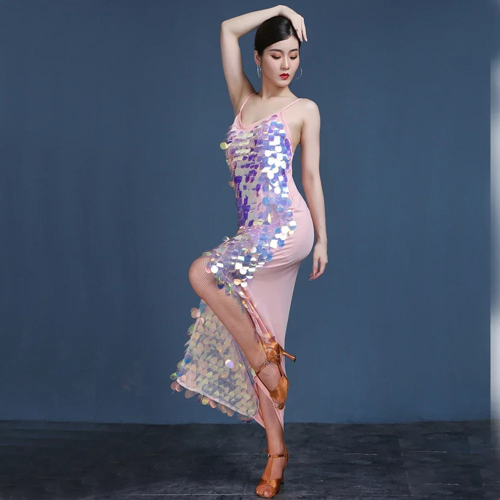 Belly Dance Long Dresses Mermaid Costume Women Dance Wear Spandex Stretchy Satin Multicolor Squama Sequins Strap Dress