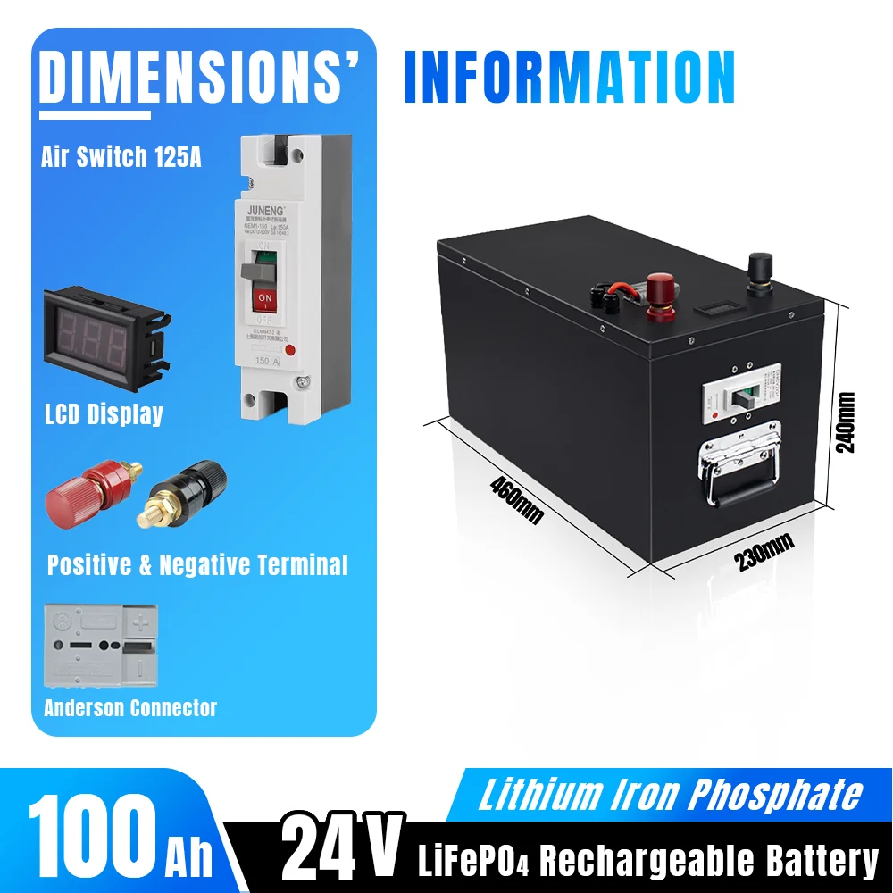 24V 100Ah Lifepo4 Battery Pack Deep Cycle Built-in BMS Optional Bluetooth for Marine Thrusters, Yachts, Rubber boats, Outboards