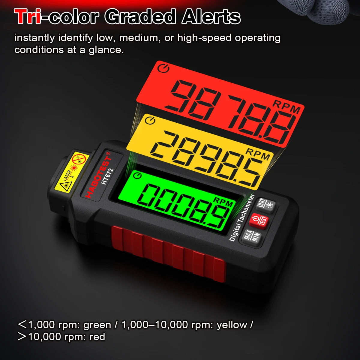 HABOTEST HT672 Mini Digitaler Laser-Drehzahlmesser Berührungsloser Drehzahlmesser Drehzahlbereich 10-99999RPM Drehzahlmesser Kilometerzähler Hintergrundbeleuchtung – Detail 10