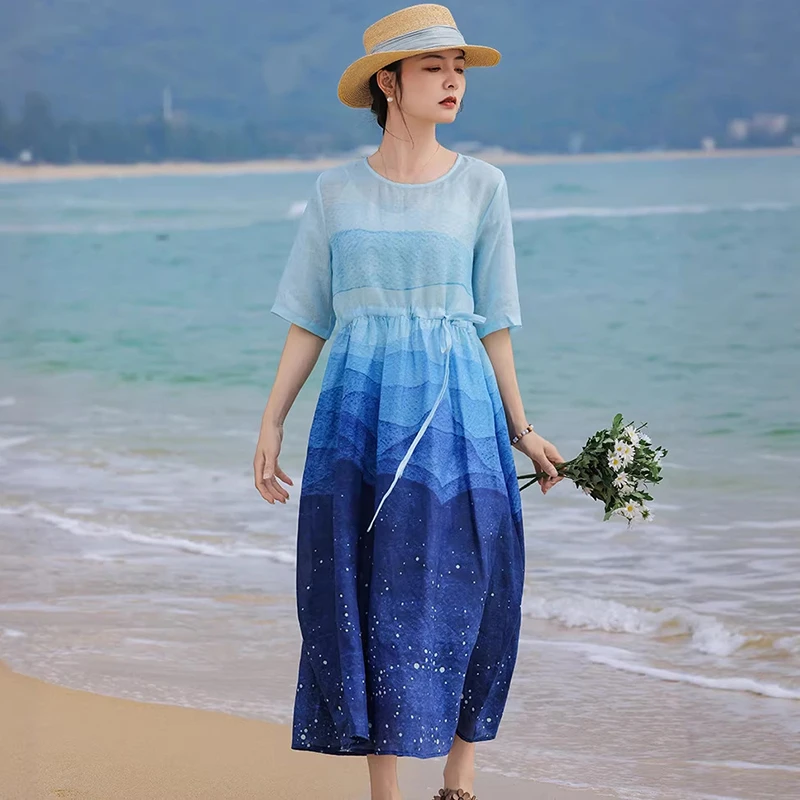 

Natural Ramie Women Elegant A-line Dress New Arrival 2026 Summer O-neck Vintage Gradient Female Casual Long Dresses M2566