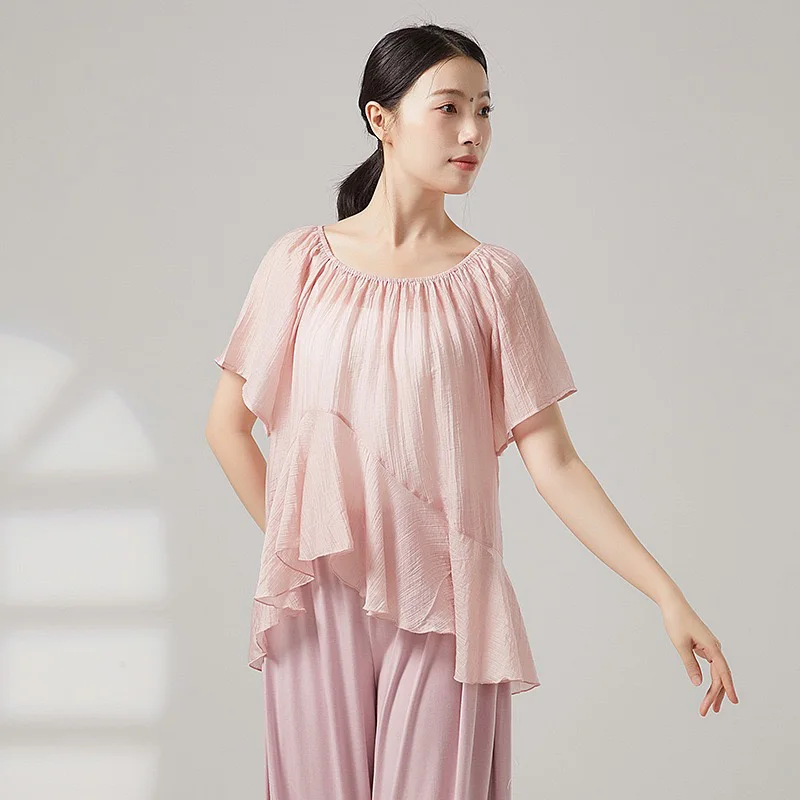 

Классический танцевальный топ, женская футболка с короткими рукавами и гигантской сеткой, блузка, струящаяся фея, струящаяся одежда, костюмы для сценической практики