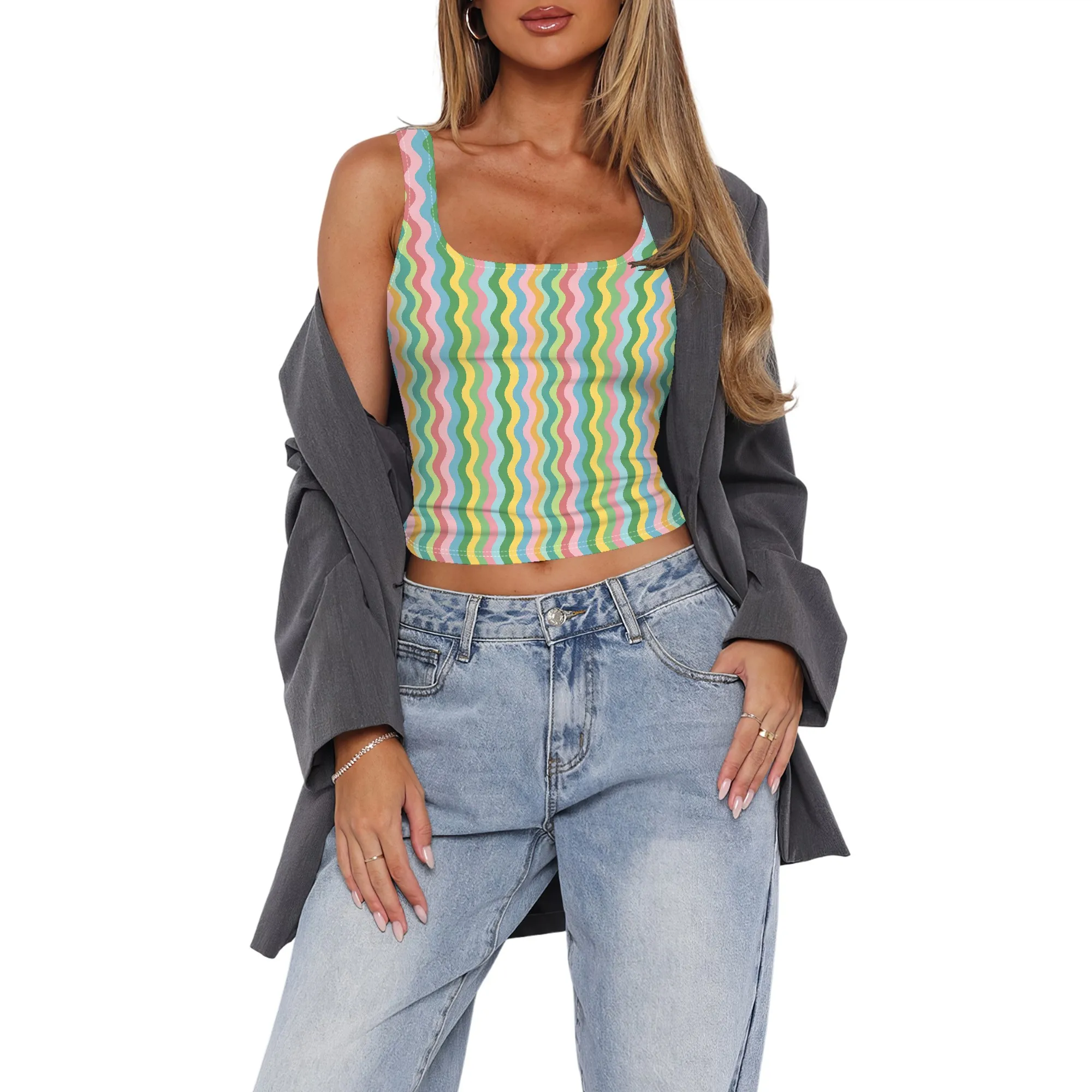 Canotta da donna senza maniche con scollo quadrato Top corto basic a doppio strato Top casual da allenamento fitness estivo