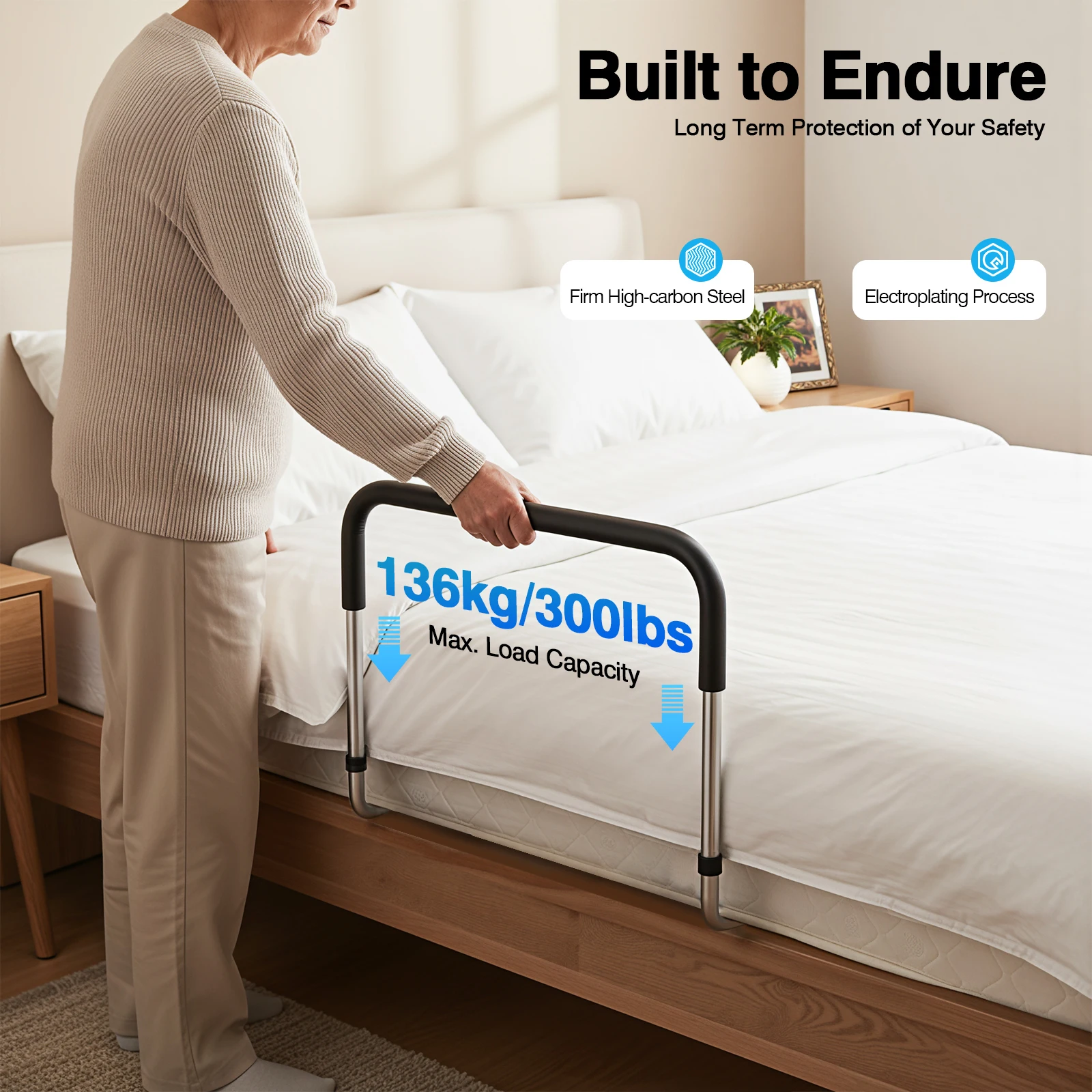 سكة أمان بجانب السرير بارتفاع قابل للتعديل، شريط مساعدة لكبار السن بسعة 300 رطل لمنع السقوط للعناية المنزلية والانتعاش