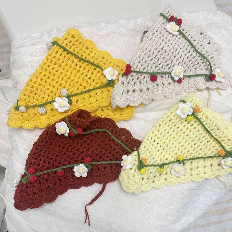 Französischer pastoraler Stil, gestricktes, florales Dreieck-Kopftuch für Mädchen, personalisiertes Kopftuch für Fotoshootings mit Bindeband, 3D-Blumen-Haarband – Detail 1