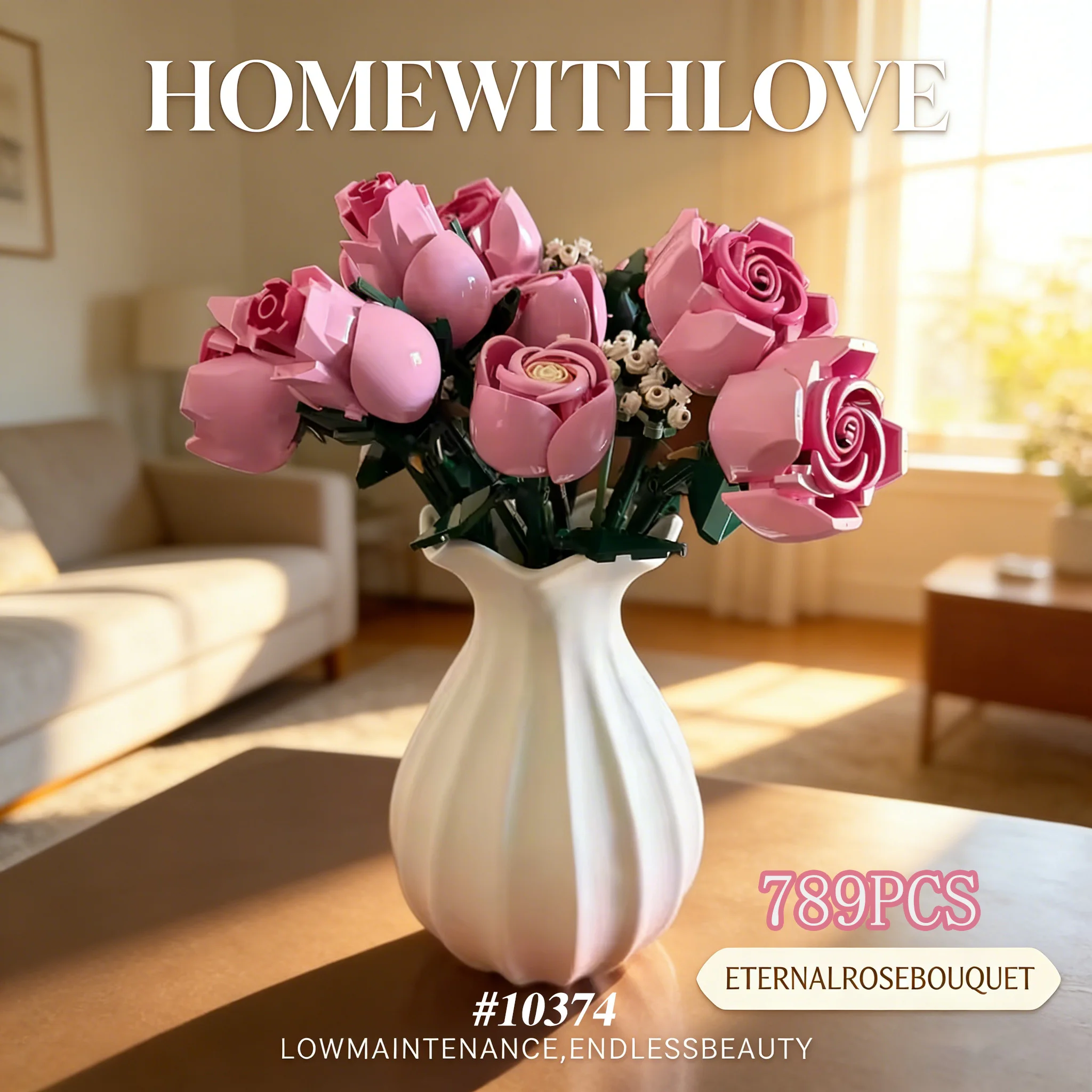 Bouquet de roses roses romantiques, modèle 789 pièces, 10374, ensembles de blocs de construction, adaptés aux filles, cadeaux pour la fête des mères