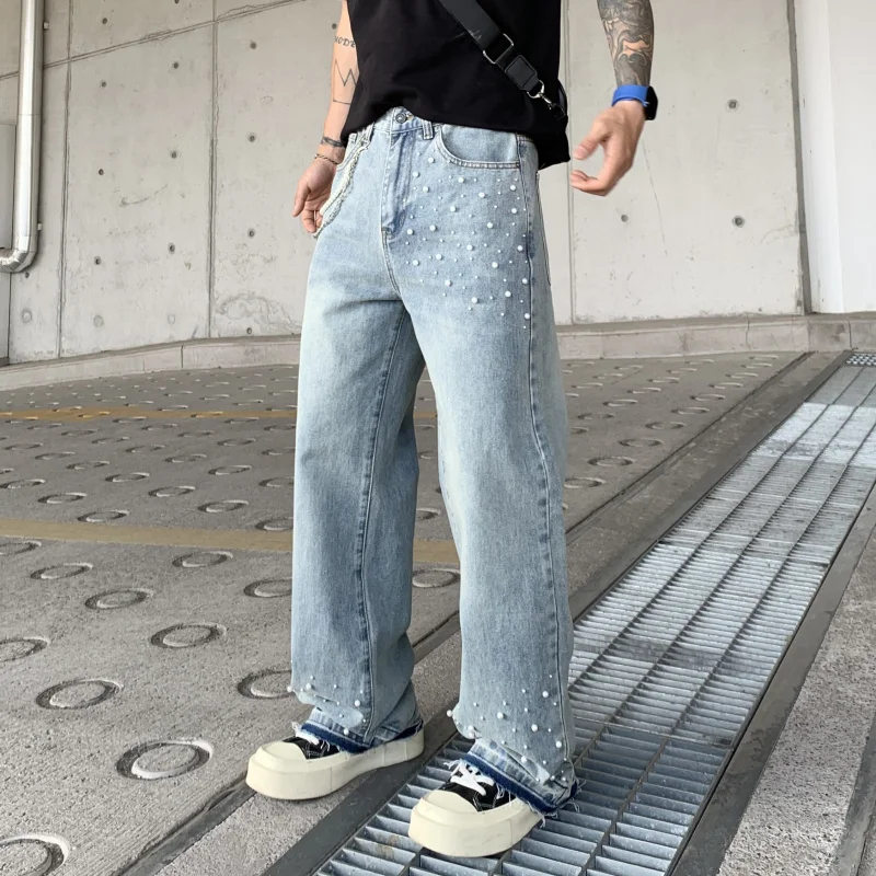 

1393 American high street tide straight men's jeans personality beading fashion casual washed wide leg