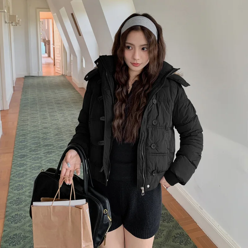

Women Short Parkas Coat Hooded Overcoat Solid Fur Collar Long Sleeve Zipper Single Breasted Loose Thick Office Lady Winter 2025